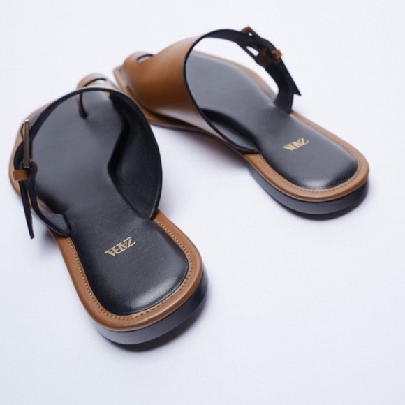ZARA Asymmetric Flat Leather Sandals With Buckle - Picture 3 of 7